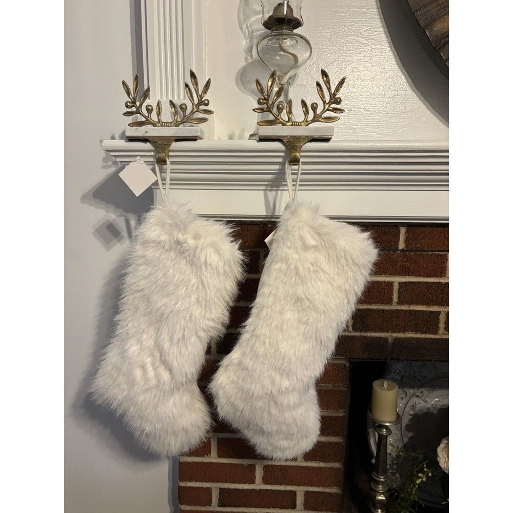 2 New Christmas Stocking White Faux Fur Full Size Elegant 20” Both Sides Fur